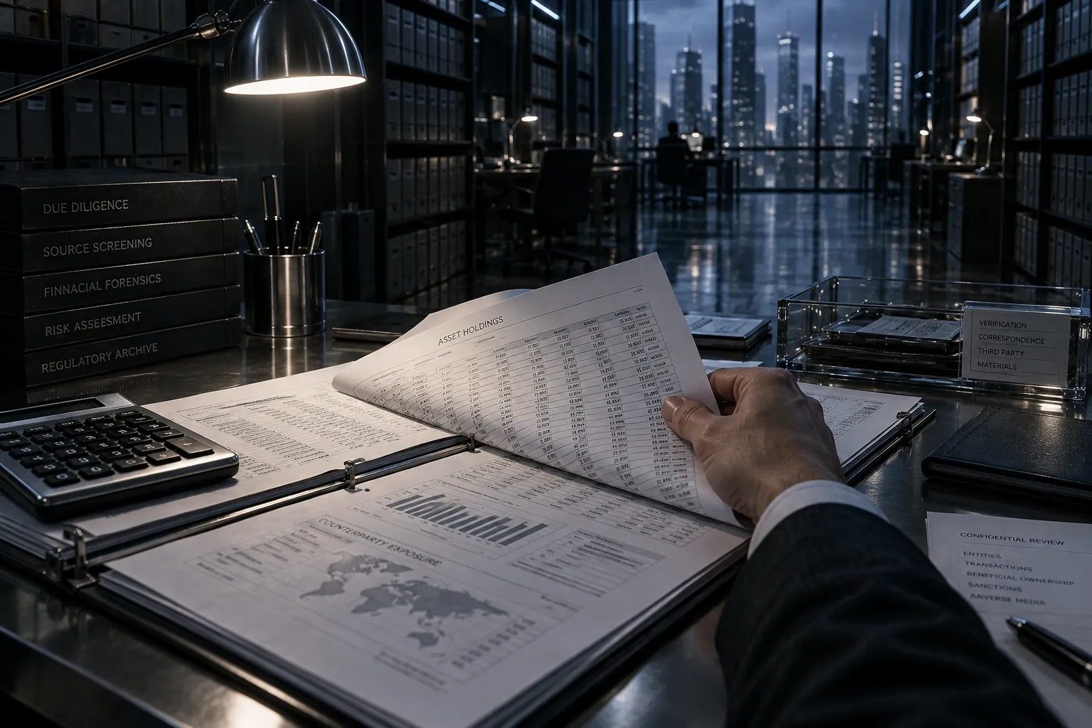 Hands turn the pages of a printed financial report beside a calculator