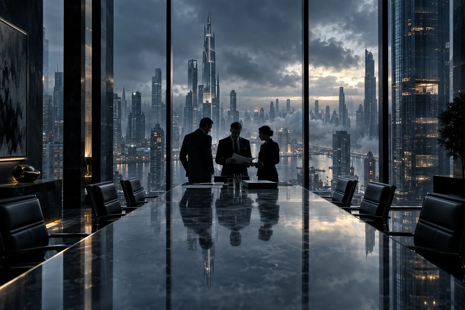 Three colleagues talk at a glass conference table above a city skyline at dusk