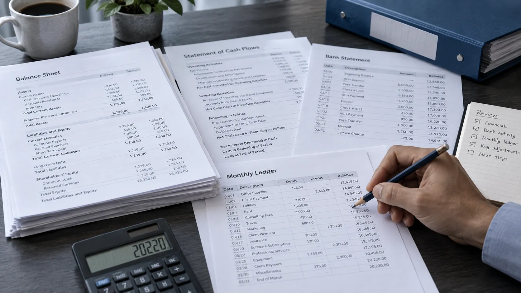A pen rests on a monthly ledger beside a balance sheet, a bank statement and a calculator