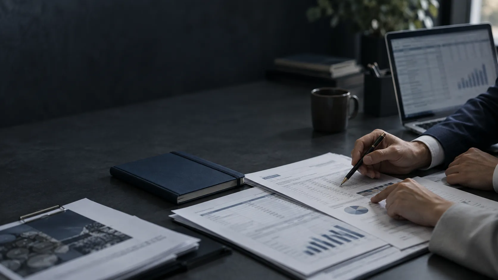 Two people review printed financial charts with a pen at a dark desk