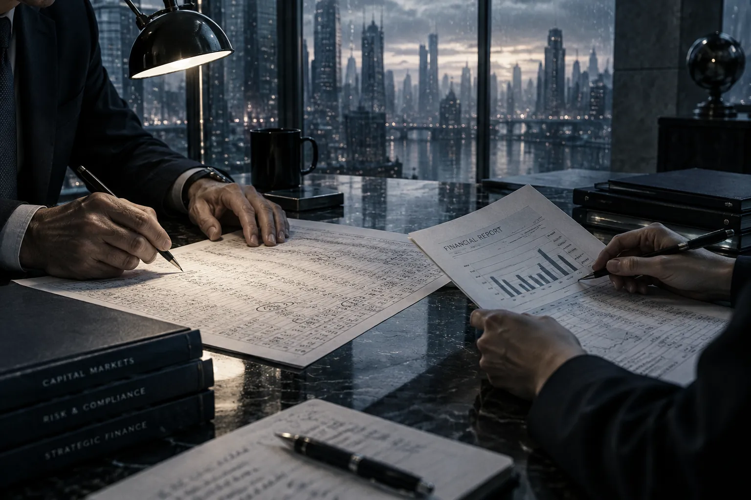 Hands hold a printed financial report at a desk lit by a lamp above the city