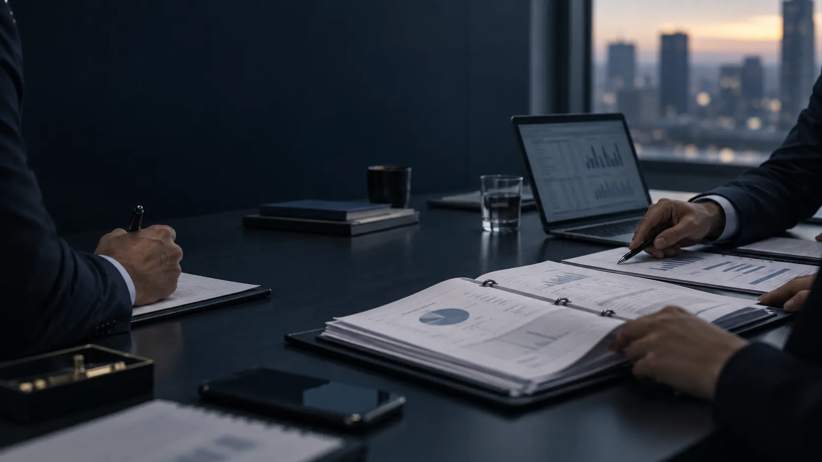 A reviewer marks up an open financial binder beside a laptop in a dark office