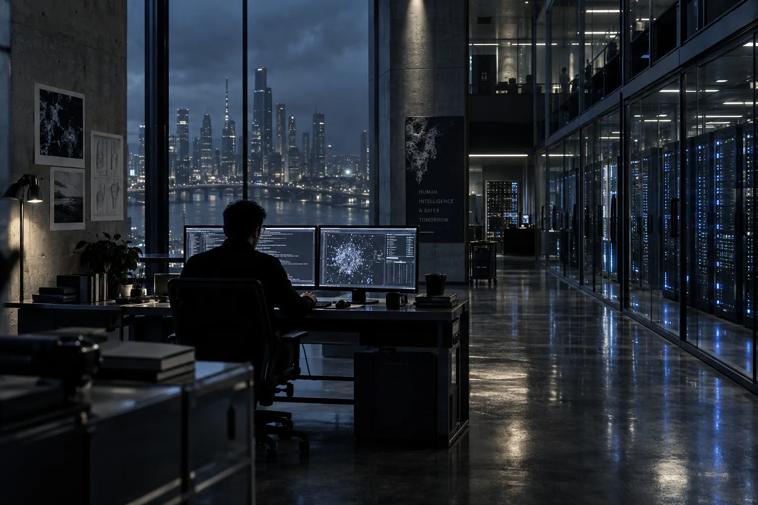 An analyst works at a bank of monitors in a dim library office at night