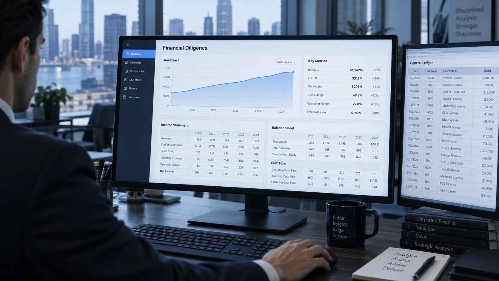 An analyst reviews a financial diligence dashboard on a monitor by an office window