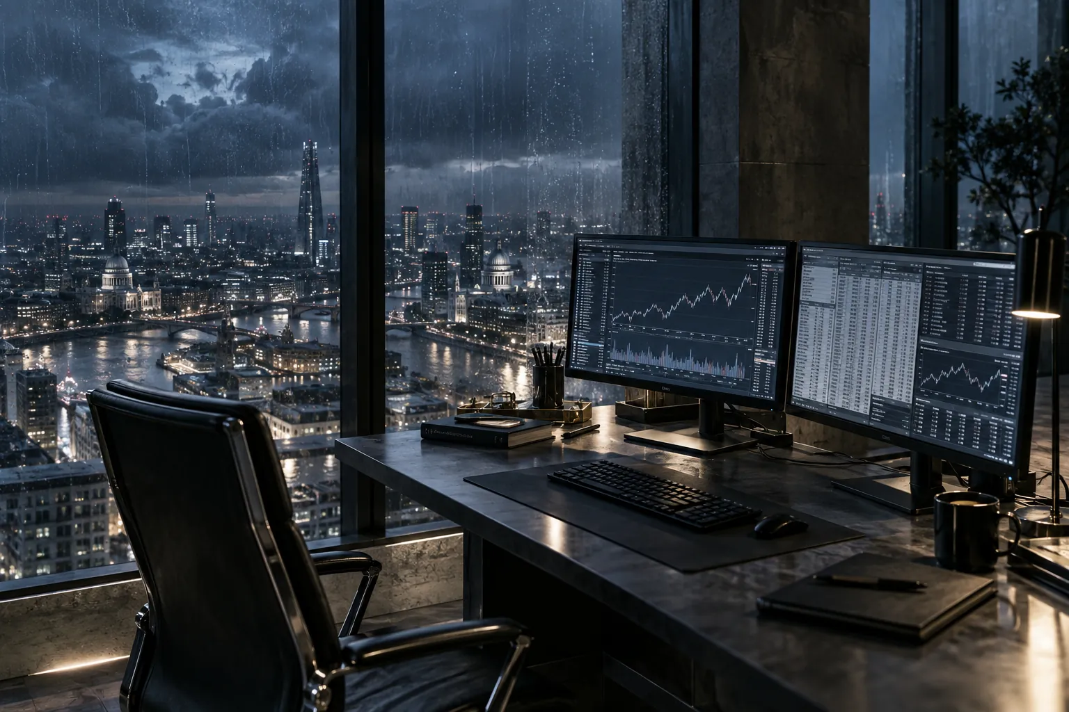 A dark office desk with trading monitors overlooking a city at night