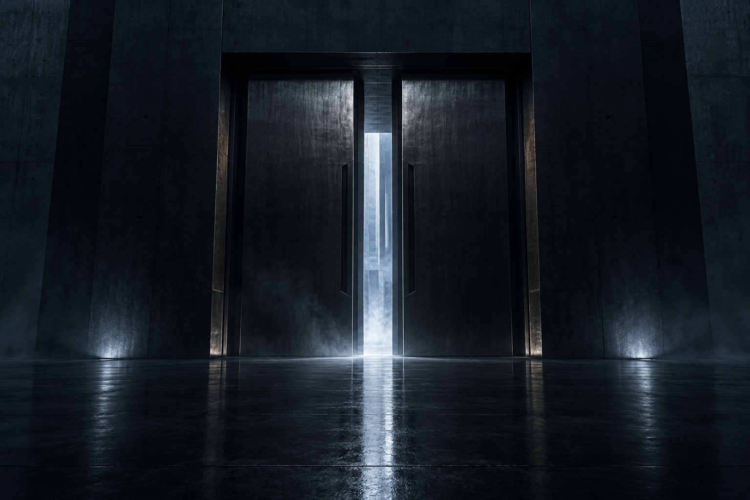 Light spills through tall doors that open onto a dark hall