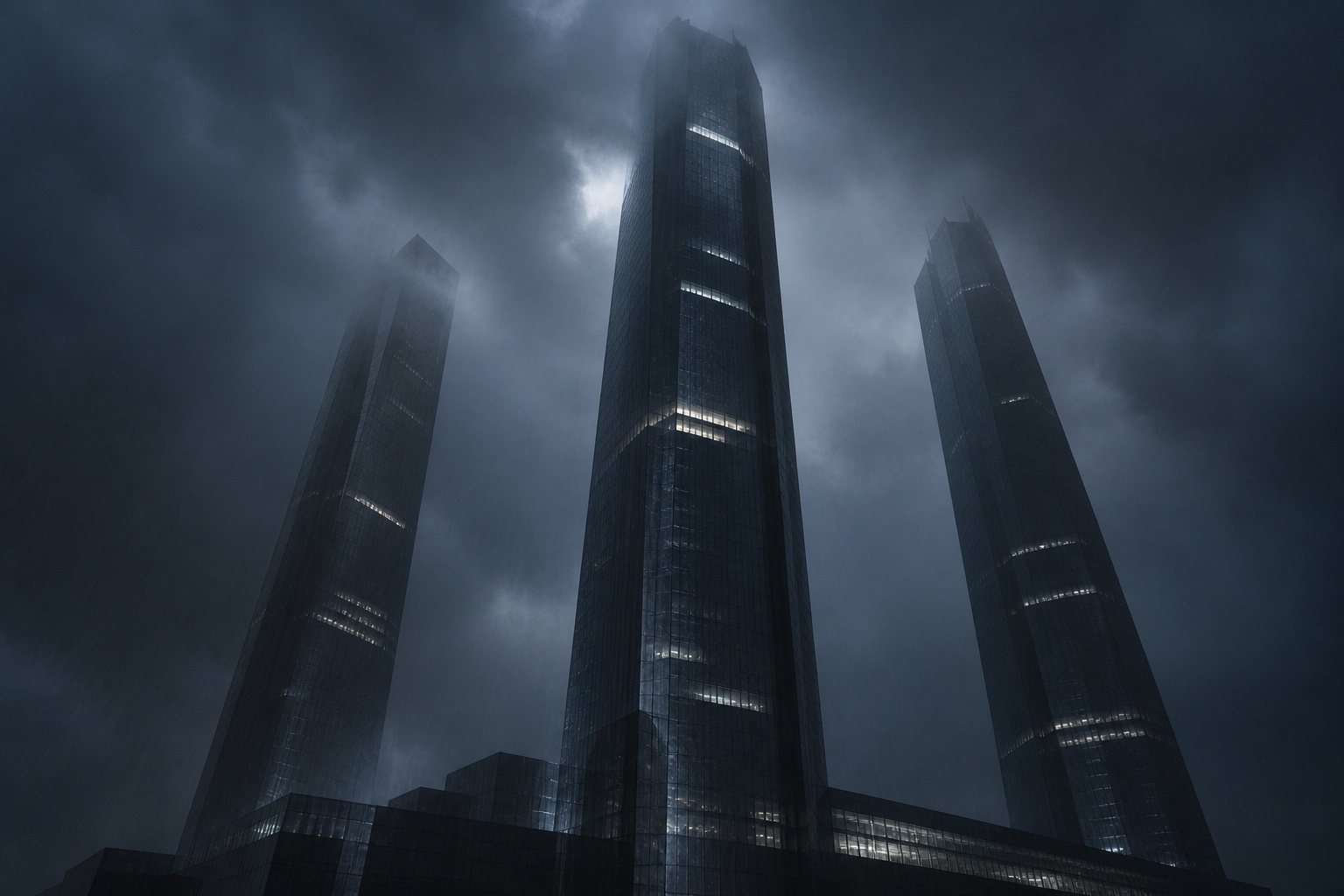 Three dark glass towers rising into storm clouds
