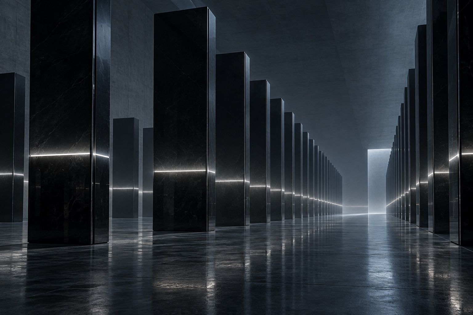 A long hall lined with lit black pillars
